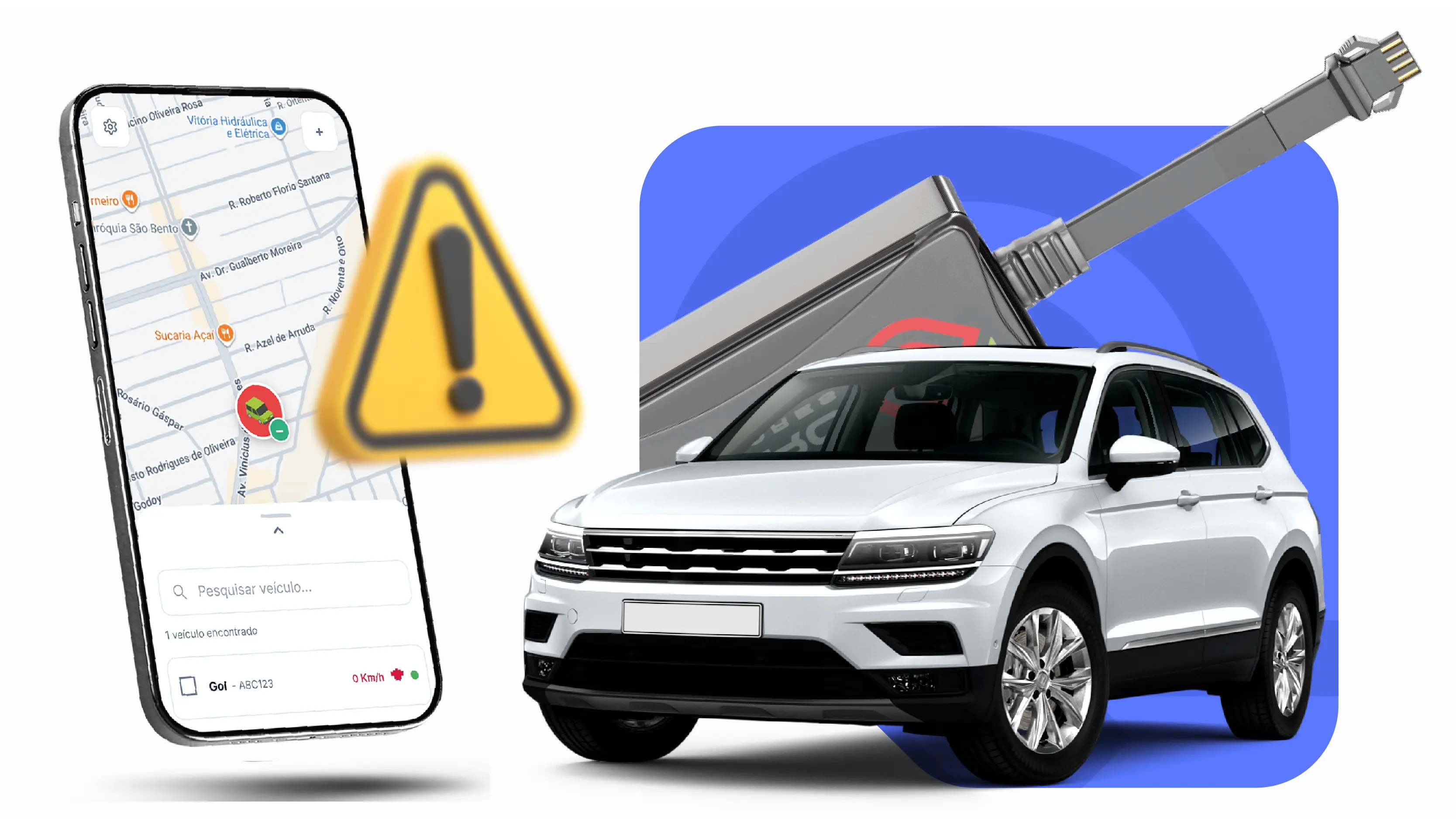 Ilustração de carro acompanhado por localização e alertas no aplicativo.