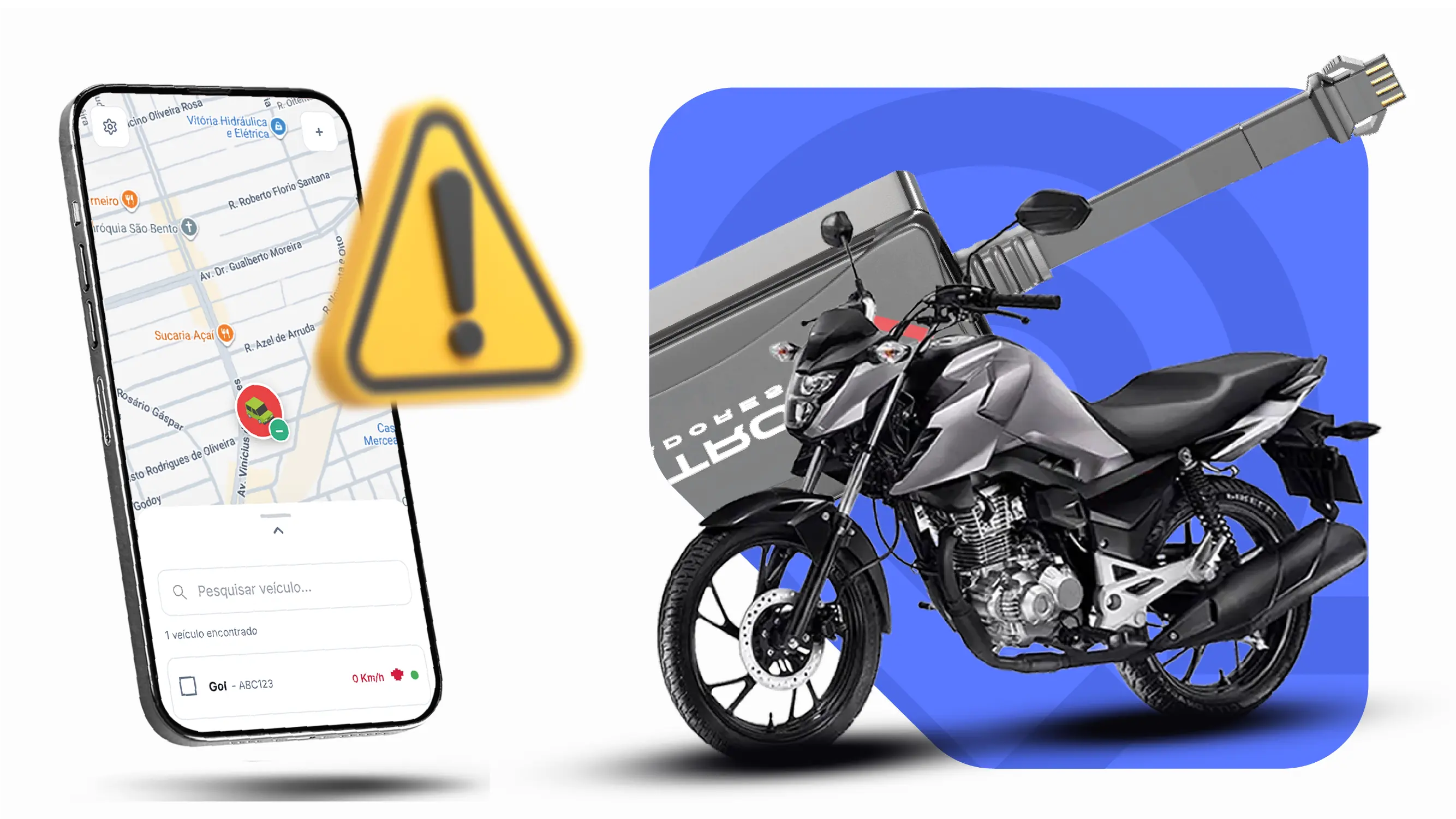 Ilustração de moto acompanhada por um aplicativo de localização.