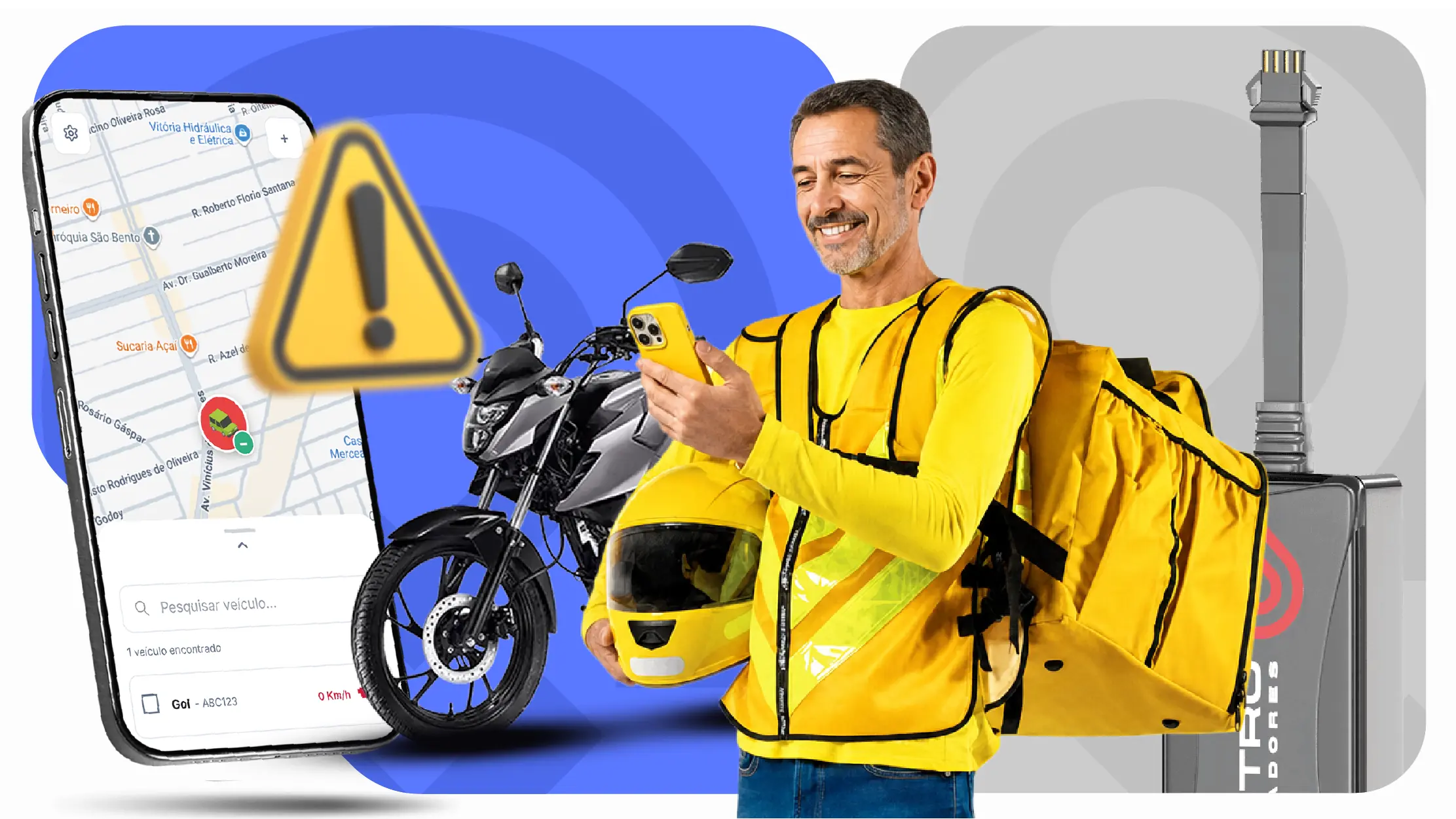 Ilustração de motorista acompanhando o próprio carro pelo aplicativo de rastreamento.