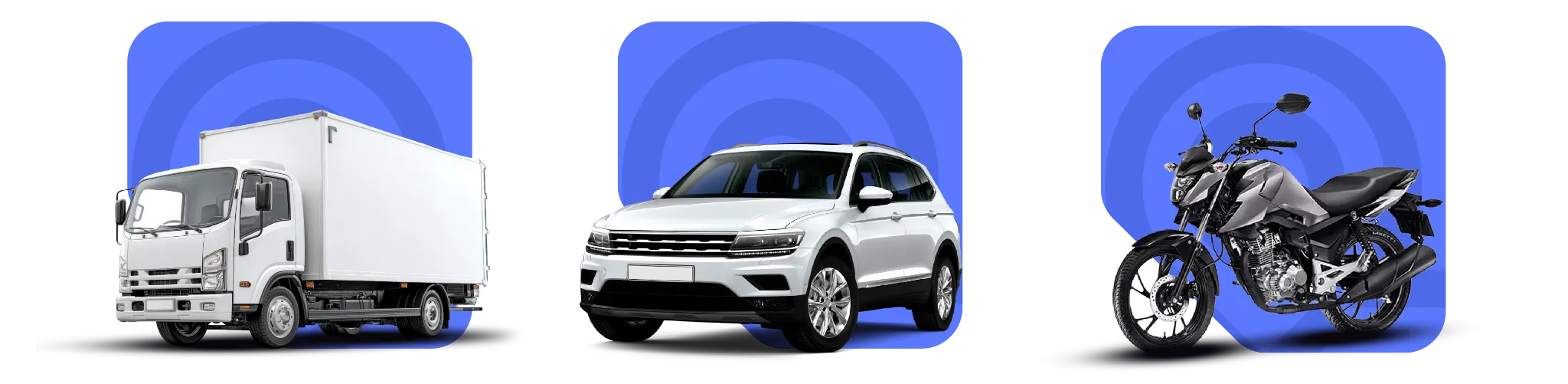Caminhão, carro e moto como exemplos de veículos que podem usar rastreamento veicular.