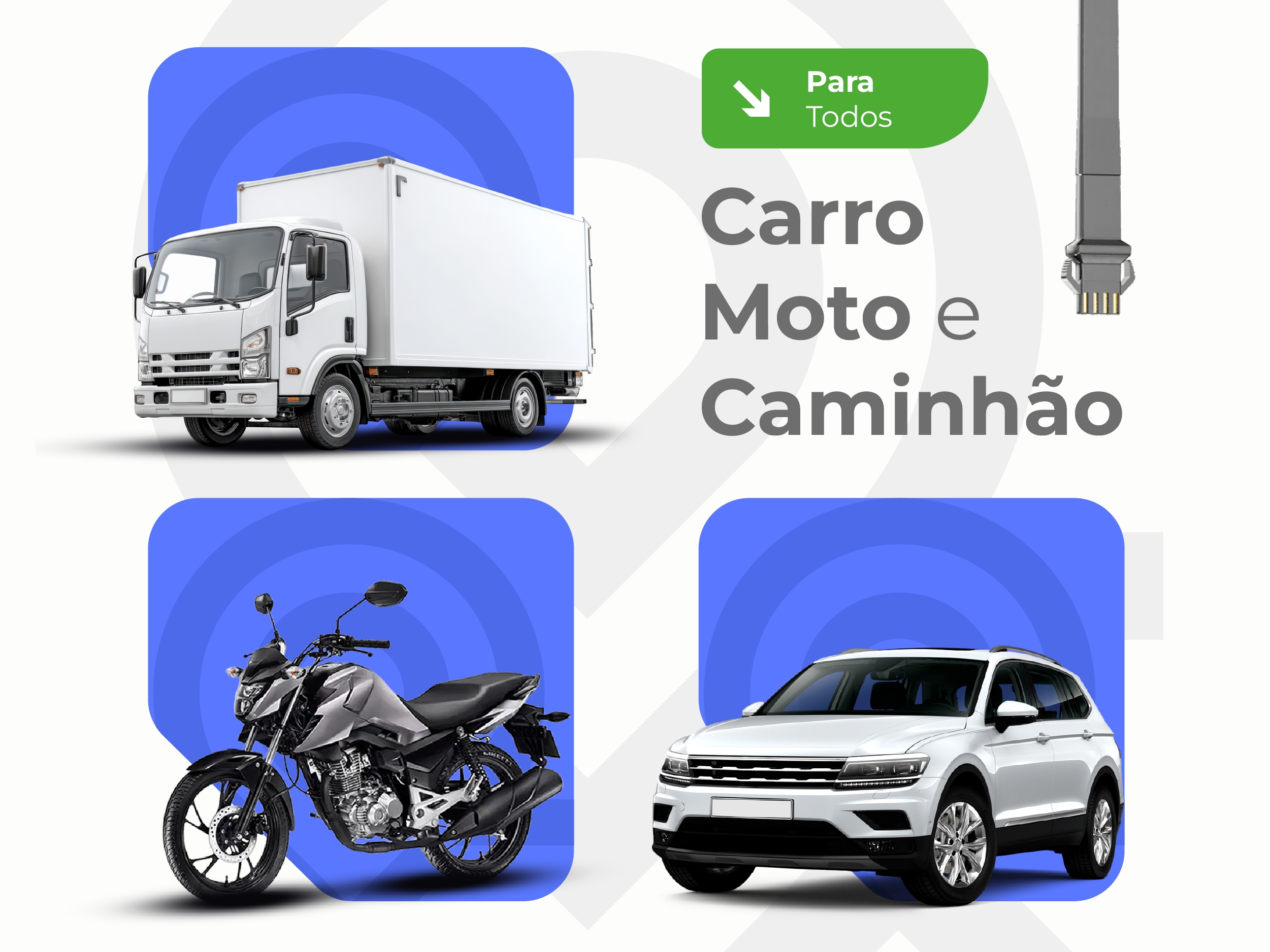 Carro, moto e caminhão representando os tipos de veículos atendidos pela Rastro.